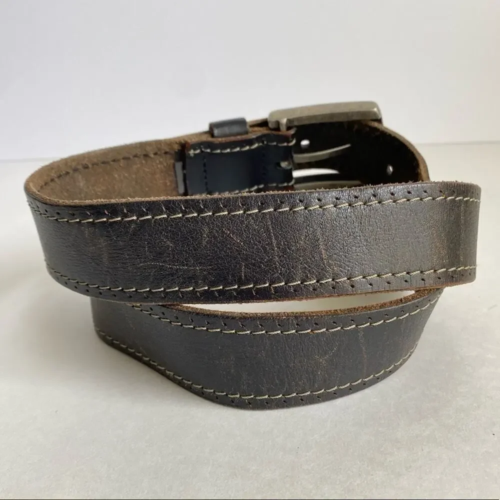 Original Penguin Dark Brown Leather Belt Silver‎ Buckle Distressed Mens 36